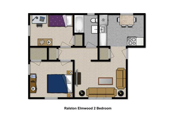Floor plan for 2 beds, 1 bath, 650 sqft